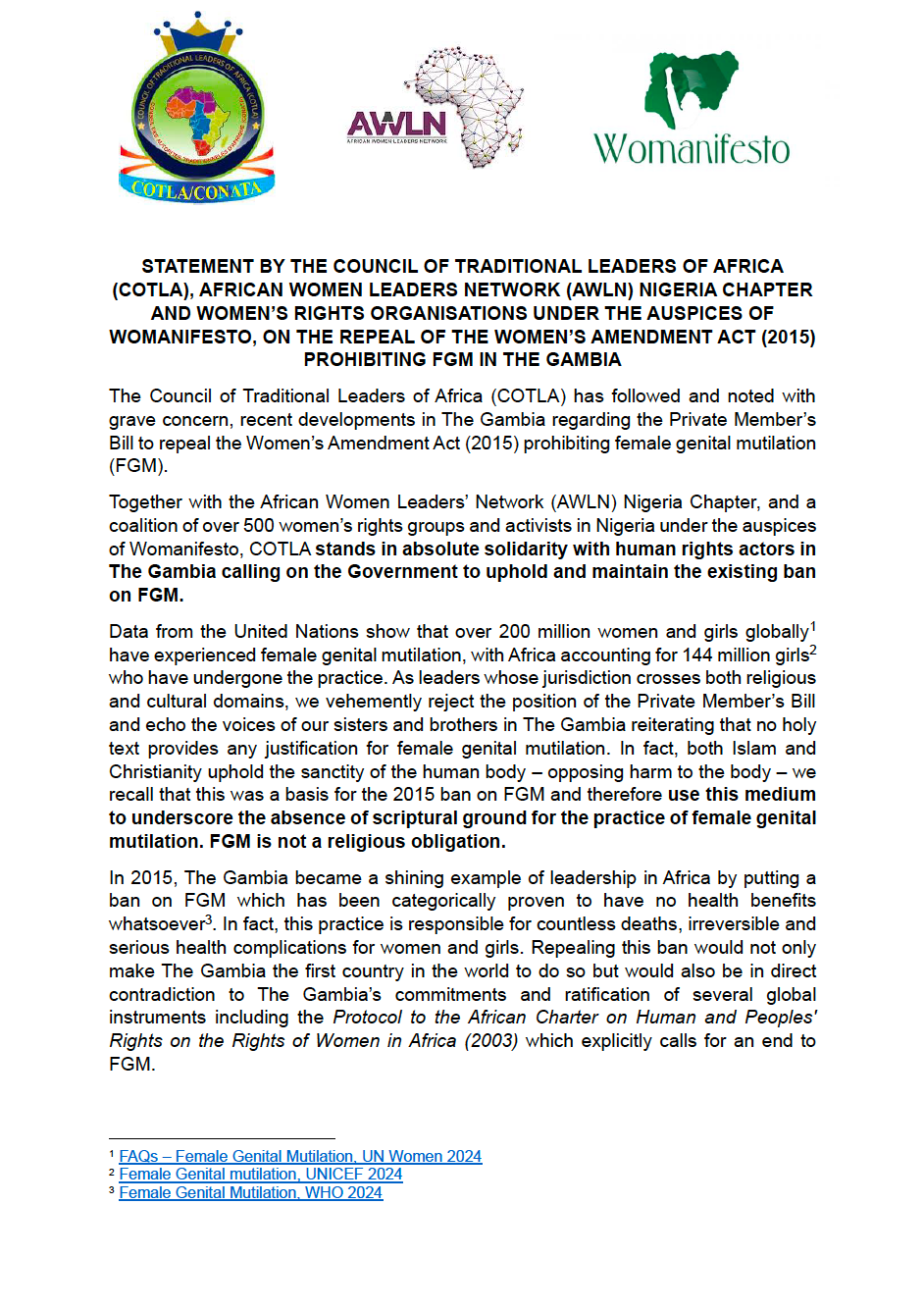 STATEMENT BY THE COUNCIL OF TRADITIONAL LEADERS OF AFRICA (COTLA), AFRICAN WOMEN LEADERS NETWORK (AWLN) NIGERIA CHAPTER AND WOMEN’S RIGHTS ORGANISATIONS UNDER THE AUSPICES OF WOMANIFESTO, ON THE REPEAL OF THE WOMEN’S AMENDMENT ACT (2015) PROHIBITING FGM IN THE GAMBIA