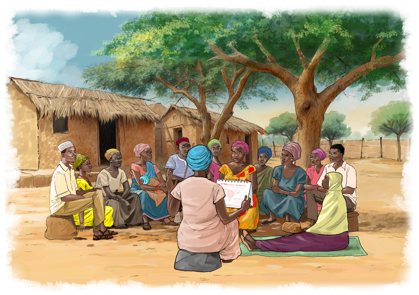 Illustration of a community meeting in Tanzania