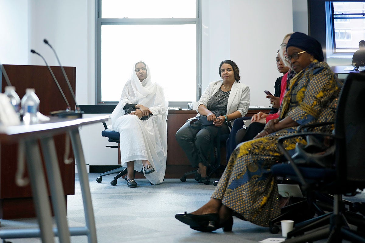 Hanin Ahmed (left) and Shaza Bala Elmahdi (right) are seen at the CSW68 Side Event “Amplifying the Voice and Agency of Women and Girls Faced by Conflict in Sudan” held on 14 March 2024 at UN Women Headquarters in New York. Photo: UN Women/Ryan Brown