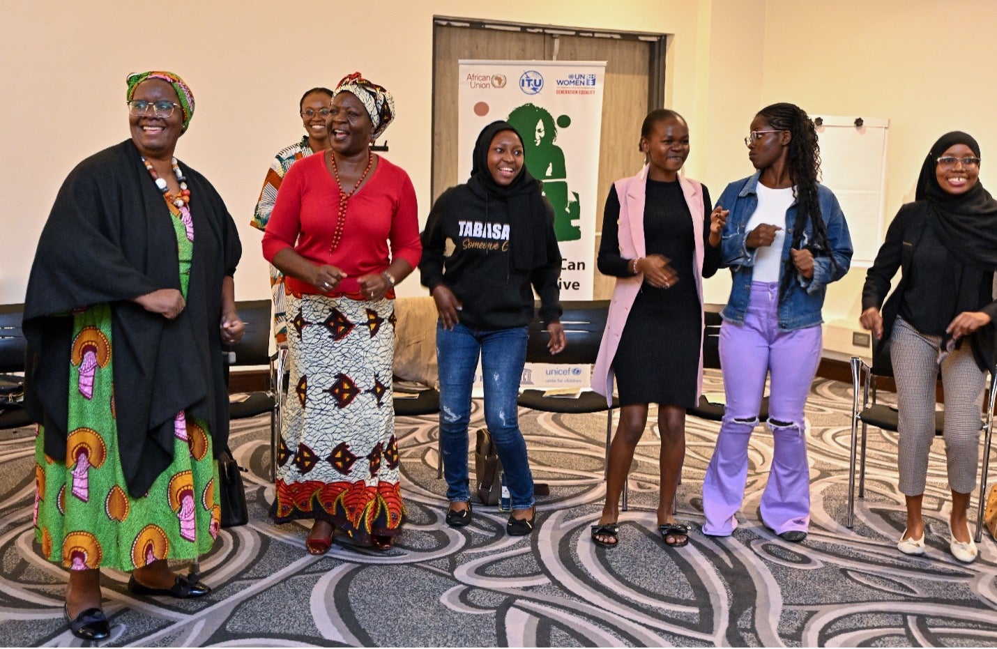 A joyful moment with beneficiaries of the African Girls Can Code Initiative. Photo: UN Women/James Ochweri. 