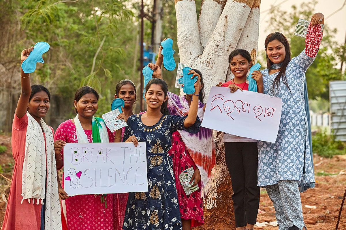 MHH Champion Payal Patel (pictured at right) is known as the Pad girl of Odisha, India. She has developed a basket of affordable and sustainable menstrual products for women. She has also lead the "Chuppi Todi" campaign to help create awareness, remove taboos and create open and healthy discussions regarding MH. Payal has created her own IEC material for sharing with adolescents at such meetings. Photo: UNICEF/Soumi Das