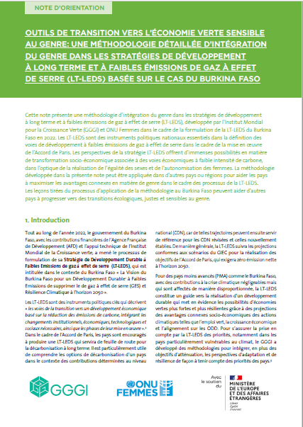 Outils de transition vers l'économie verte sensible au genre: une méthodologie détaillée d'integration du genre dans les stratégies de développement à long terme à faibles émissions à effet de serre (LT-LEDS) basée sur le cas du Burkina Faso