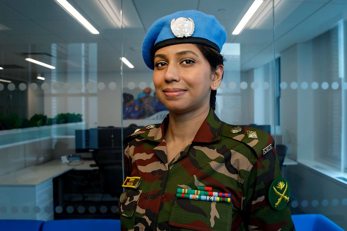 Portrait of Peacekeeper Rubana Mithila of Bangladesh, taken at UN Women headquarters on 14 May 2024. Photo: UN Women/Ryan Brown