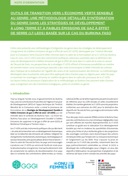 Outils de transition vers l'économie verte sensible au genre : une méthodologie détaillée d'integration du genre dans les stratégies de développement à long terme à faibles émissions à effet de serre (LT-LEDS) basée sur le cas du Burkina Faso