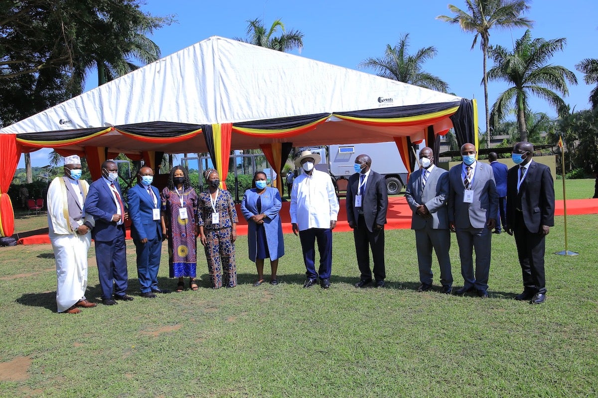 The UN Women Uganda Country Representative Dr. Paulina Chiwangu and the UN Resident Coordinator take a picture with the President at the Uganda 3rd Annual SDG Conference 2024. Photo: UN Women