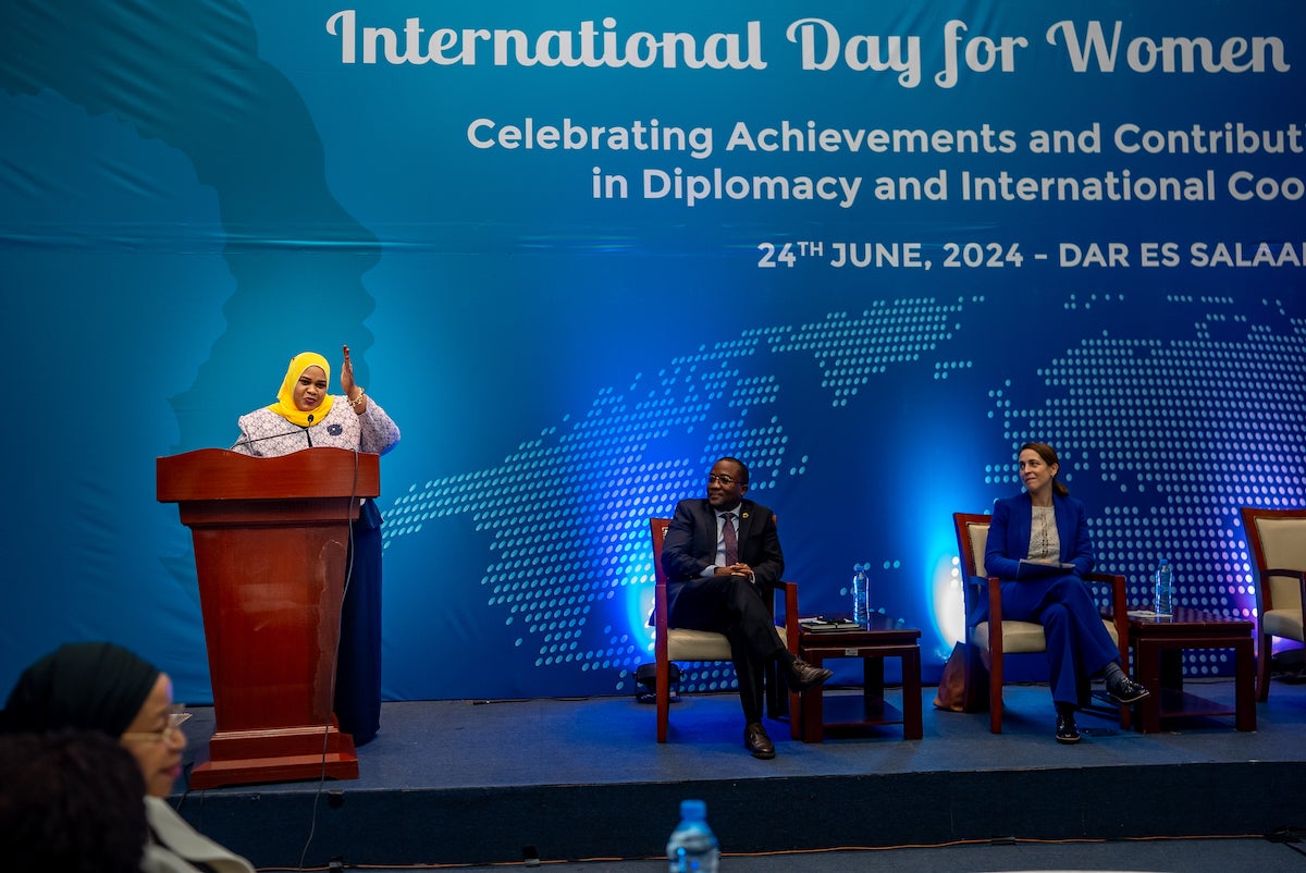 Zanzibar Minister of Community Development, Gender, Elders and Children, Riziki Pembe Juma delivering remarks at the Tanzania commemorations for the International Day for Women in Diplomacy. Photo: UN Women