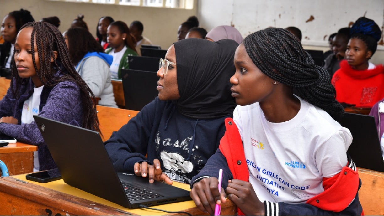 African Girls Can Code Initiative (AGCCI) Program participants actively engaging in a coding class. Photo Credit: James Ochweri/UN Women Kenya