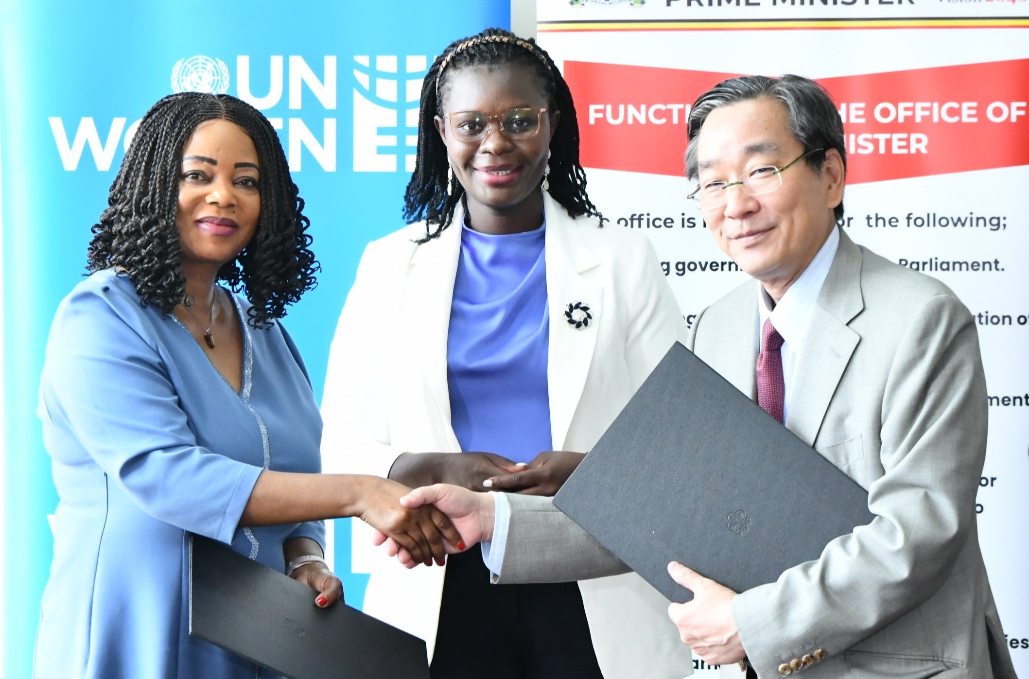 UN Women Country Rep. Dr. Paulina Chiwangu, State Minister for Relief, Disaster Preparedness and Refugees, OPM, Hon. Dr. Lillian Aber, together with H.E Mr. Takutya Sasayama, the Japanese Ambassador launching the project for refugees.