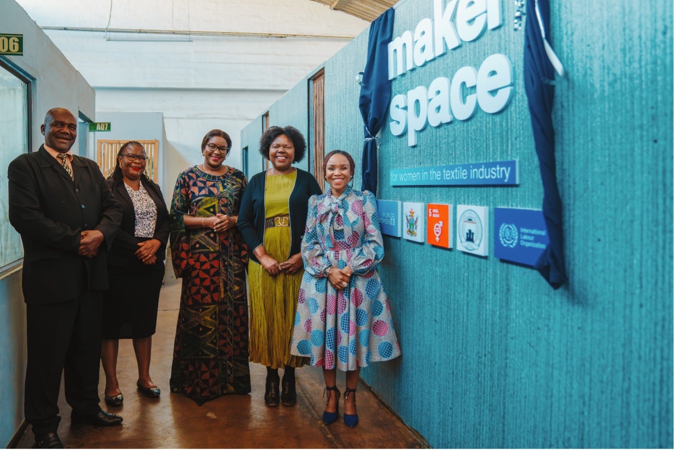 Representatives from UN Women, ILO, Government of Zimbabwe, and Bulawayo SME Centre pose together following the official opening of the Innovation Hub. Photo: UN Women