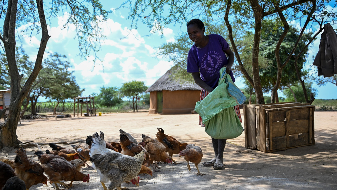 Christine Krapiwan, Secretary of the Atulia Self-help Group in West Pokot County, rearing her chicken. Photo: UN Women/James Ochweri