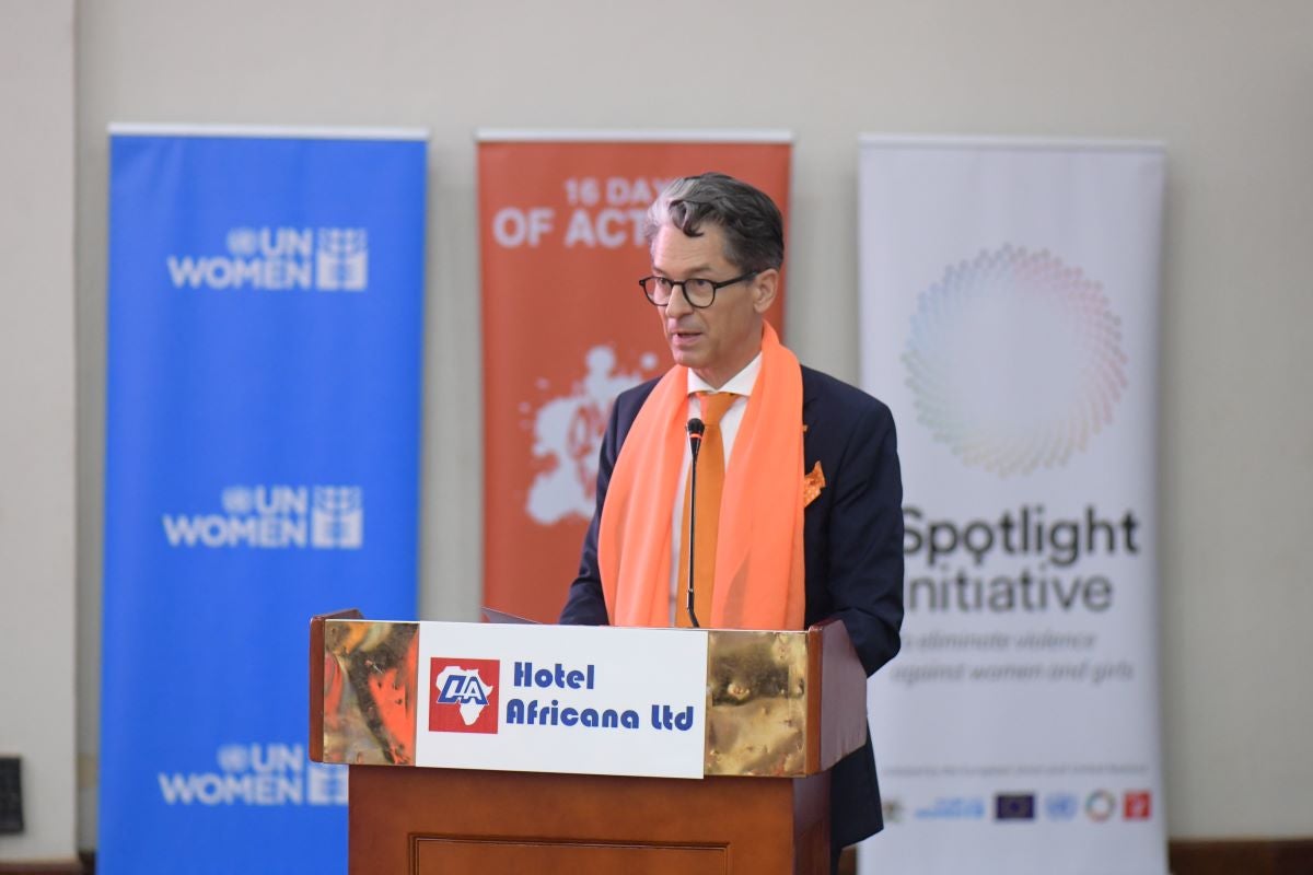 Jan Sadek, the European Ambassador to Uganda speaking at the launch of 16 Days of Activism