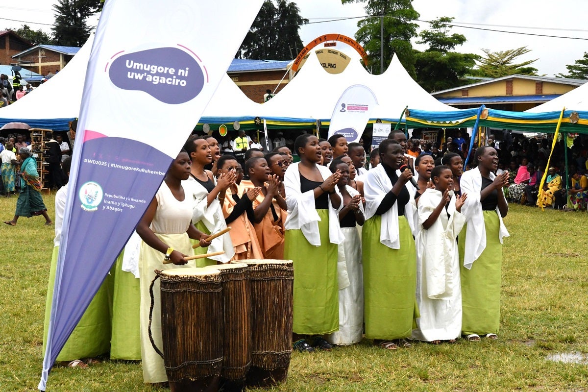 Young women and girls perform at the national IWD celebrations in Ngororero district.
