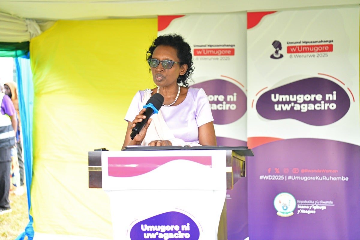 Speaker of Parliament, Hon. Kazarwa Gertrude speaking at the International Women’s Day celebrations in Ngororero district.