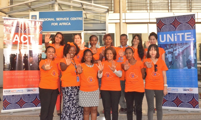 UN Women Ethiopia staff in orange. Credits: Paula Mata/UN Women