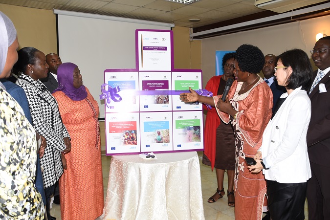 Minister of Gender, Labour and Social Development, Hon. Janat Mukwaya is launching the Gender and Equity Compacts for different sectors with the Equal Opportunities Commission and UN Women. Photo: UN Women/ Aidah Nanyonjo 