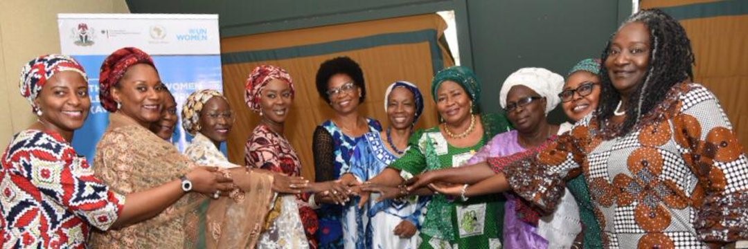 AWLN Steering Committee members with the UN Women Country Representative. From left, Inimfon Etuk, Prof. Funmi Para-Mallam, Sen. Biodun Olujimi, Fatima Askira, H.E Mrs. Toyin Saraki, Amb. Toyo Nkoyo, Comfort Lamptey (Country Rep. UN Women), Chief Mrs. Gloria Shoda, Mrs. Janet, Pst. Esther Ibanga./ UN WOMEN NIGERIA,
