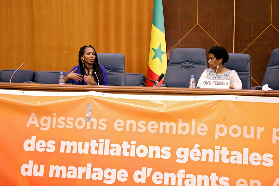 UN Women Executive Director Phumzile Mlambo-Ngcuka and Regional Goodwill Ambassador Jaha Dukureh participate in a interactive dialogue on 16 June 2019 during the first African Summit on FGM and Child Marriage in Dakar, Senegal. Photo: UN Women/Dieynaba Niabaly