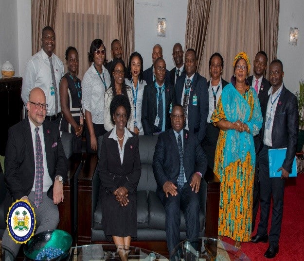 UN Women Country Representative and team, RC posed with H.E Maada Bio- State House Sierra Leone