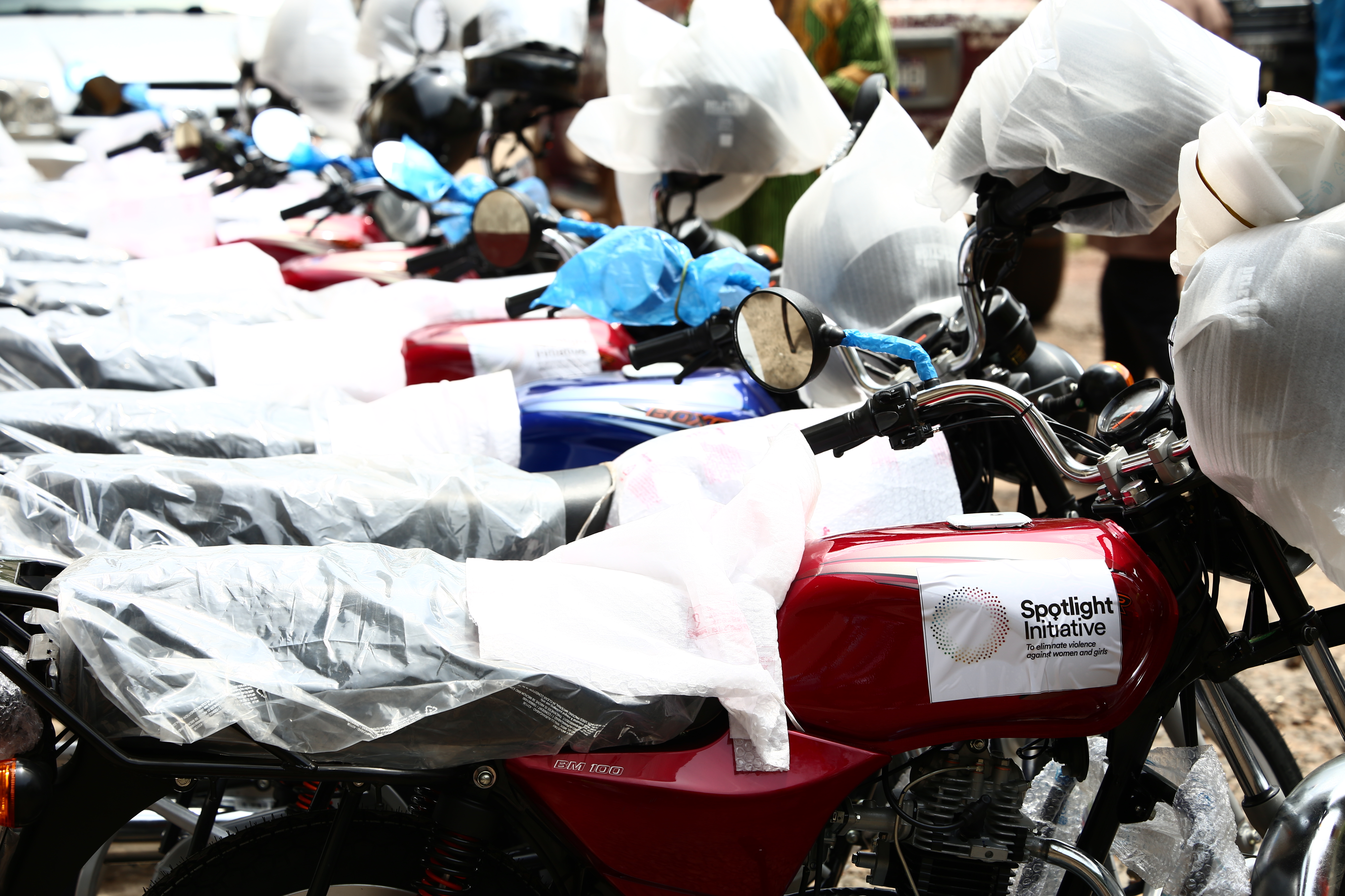 Motorbikes donated by UN Women to the Ministry of Internal Affairs and the National Council of Chiefs and Elders of Liberia on Friday 15 May 2020, to enable them to monitor the closure of Bush schools and to conduct community awareness on sexual and gender-based violence and COVID-19 in Liberia. Photo: UN Women Liberia