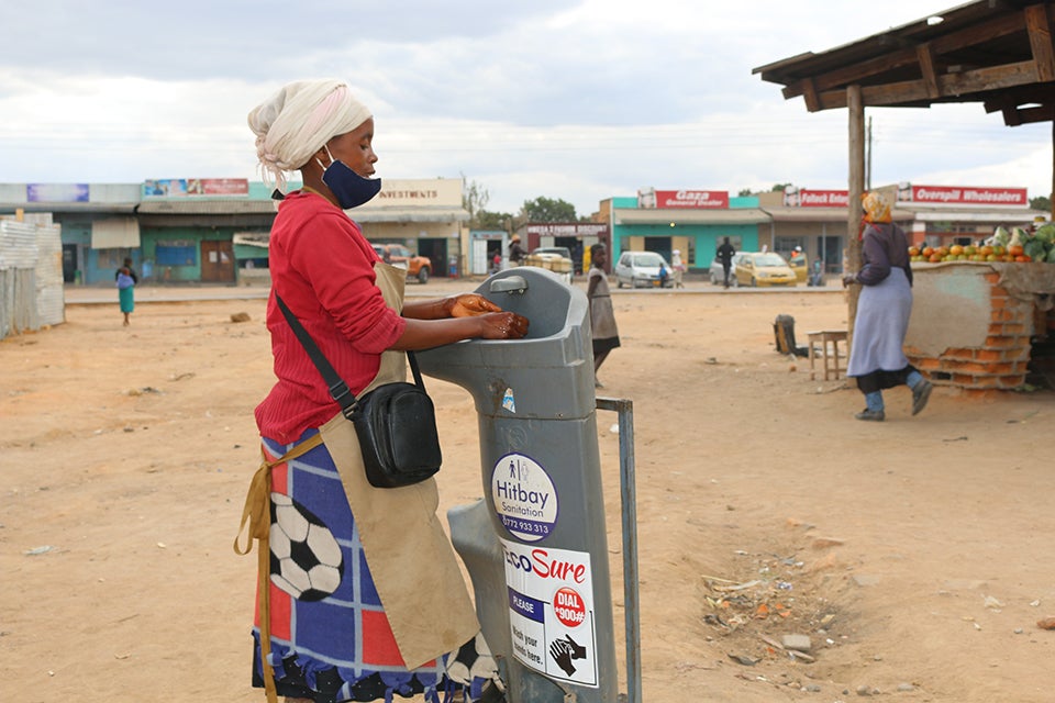 One of the handwashing basins that is stationed nearby a market place for improved hygiene.   