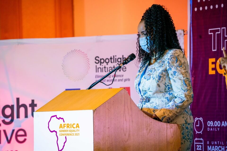 Mary Chilima, spouse of Malawi’s Vice President, speaks at a side event on the Spotlight Initiative during the first-ever Annual Africa Gender Equality Conference which marked International Women’s Day in Lilongwe, Malawi. Photo: #AGEC2021 Media