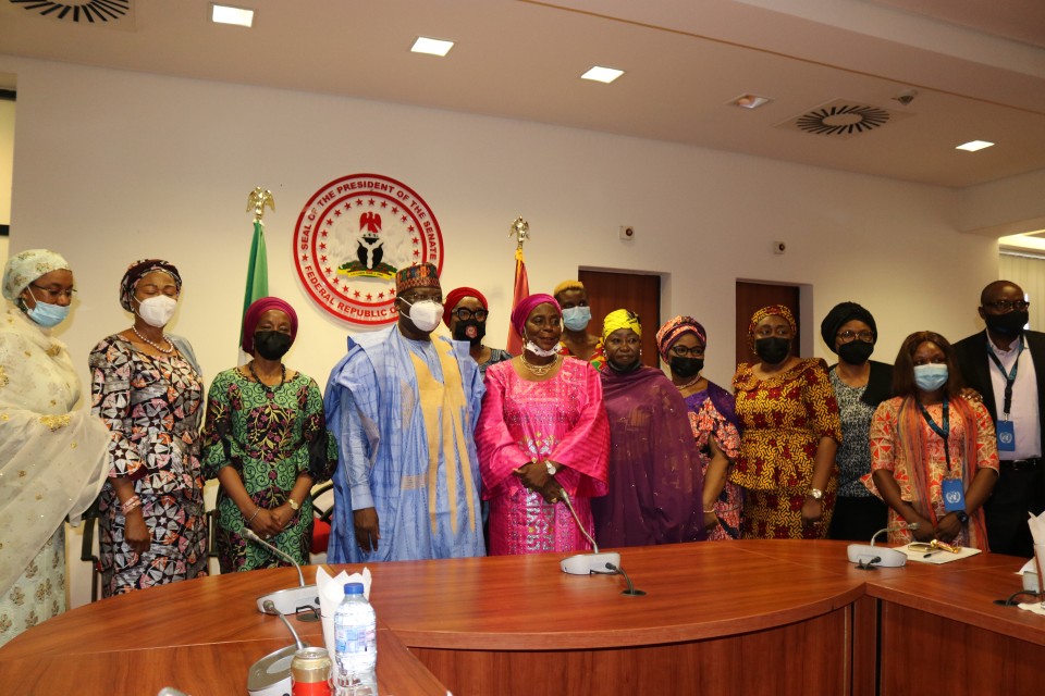 H.E Ahmed Lawan, Senate President (4th from left) in a group photo with some senators and the visiting delegation after receiving the Gender and Equally Opportunity Bill.  Photo: UN Women/ Marian Roberts