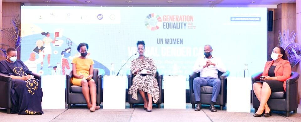 Photo of panelists from left to right: Lucy Mbabazi, Charlotte Bwiza, Noretti Turimuci, Sangwa Rwabuhihi and Josephine. Photo: UN Women Rwanda