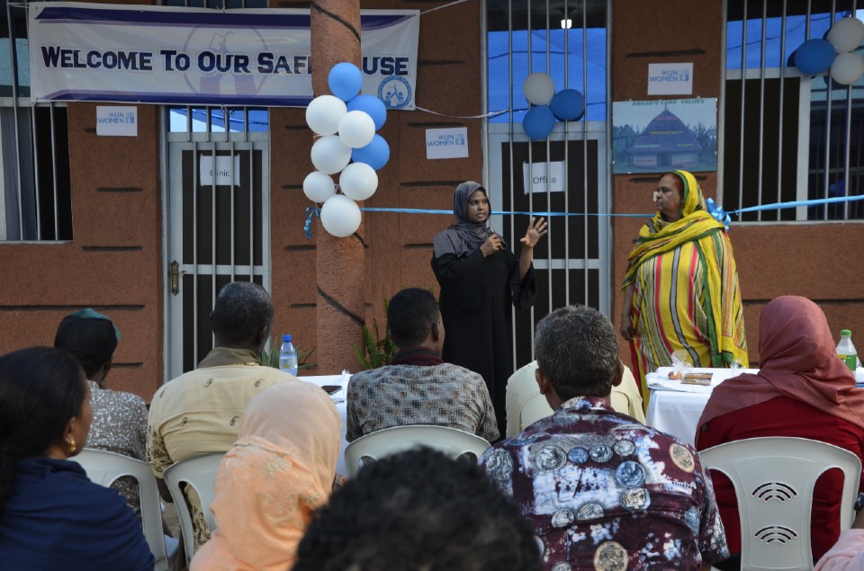 Her Excellency  Ayisha Yasin, Head of  the Afar region BoWCYA, gives her remarks.(Photo: UN Women/Fikerte Abebe