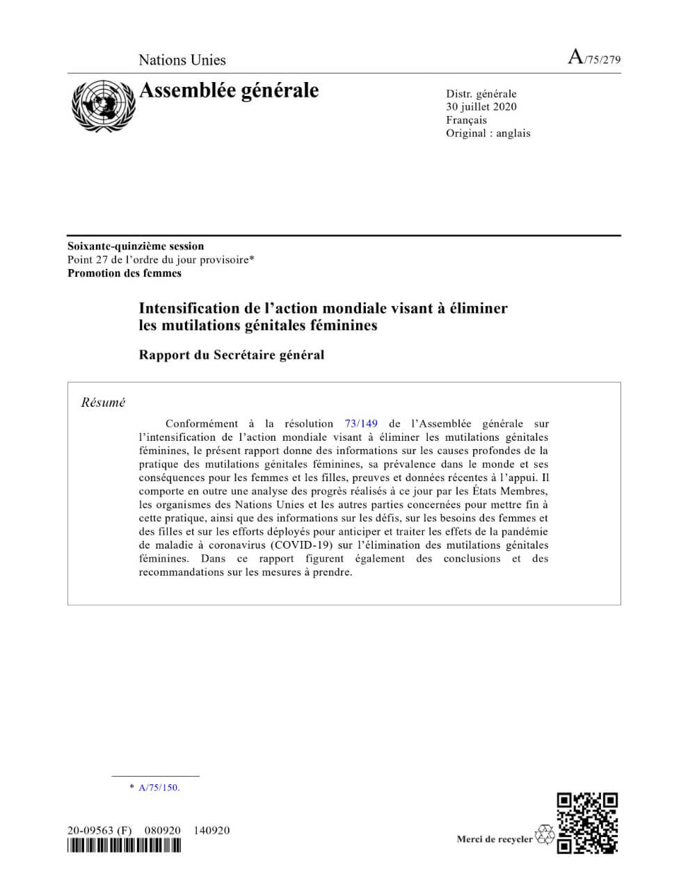 Intensification de l’action mondiale visant à éliminer les mutilations génitales féminines : Rapport du Secrétaire général (2020)